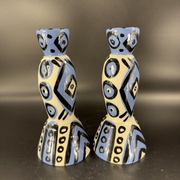 Hand Painted Vintage Pottery Candle Stick Holder Set 2 Signed YCHUK Abstract 2 - Picture 9 of 11